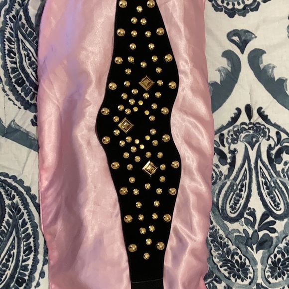 Leather/suede black belt with gold enhancements on front with 8” stretch back. - Picture 8 of 8